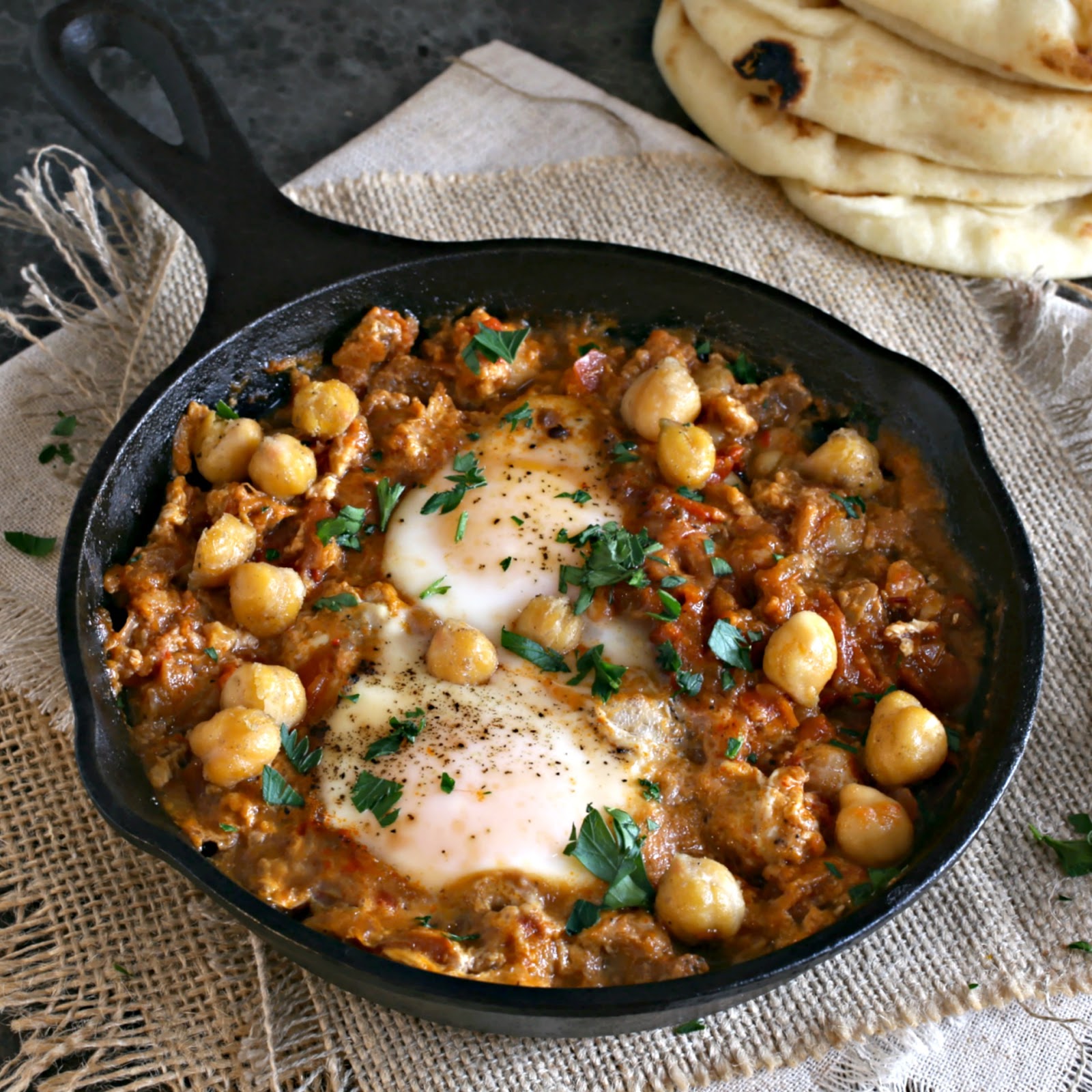 Crispy chickpeas and eggs poached in a shakshuka simmer sauce.