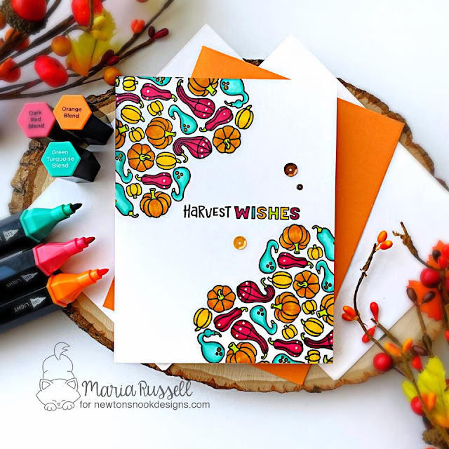 Harvest Wishes One Layer Card by Maria Russell | Heartfelt Gourds Stamp Set by Newton's Nook Designs #newtonsnook