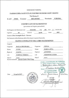 Certidão de casamento de Luigi Dalla Pegorara é Marianna Ceola