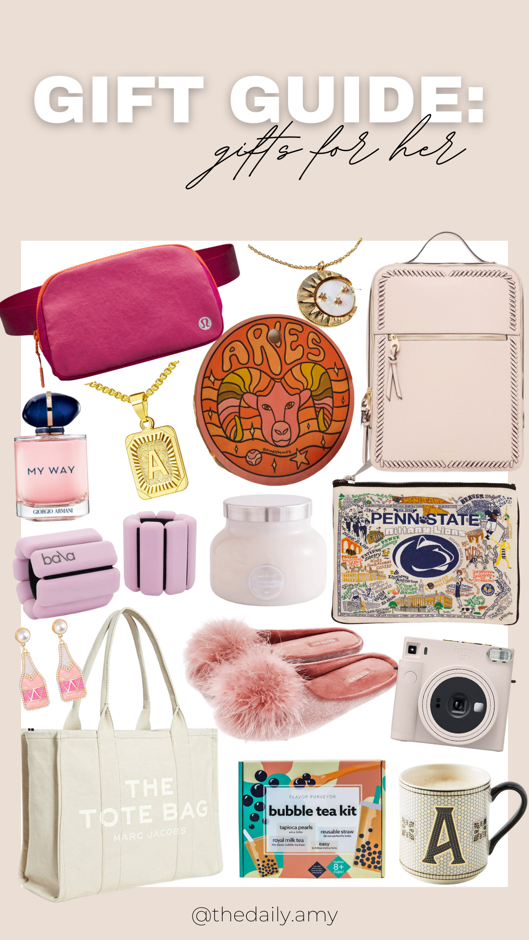 Collage with text that says Gift Guide: Gifts for her. Featuring gifts including luluemon belt bag, zodiac necklace, pink backpack, perfume, initial necklace, cheeseboard, chandle, weighted wrist bands, slippers, tote bag, cameras, mug and bubble tea kit