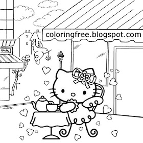 Busy city coffee shop restaurant food table teenage girls sweet Hello Kitty coloring pages for kids