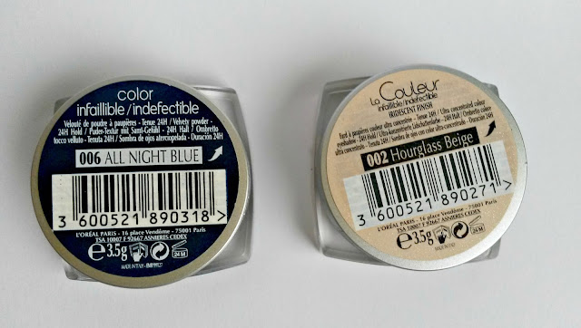 L'oreal Infallible eyeshadow, sjenila, 002 Hourglass Beige, 006 All Night Blue