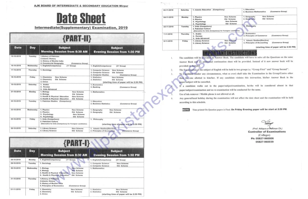 Date Sheet inter Supplementary 2019 AJK Board