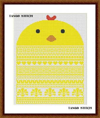 Chicken ornament yellow cross stitch embroidery - Tango Stitch