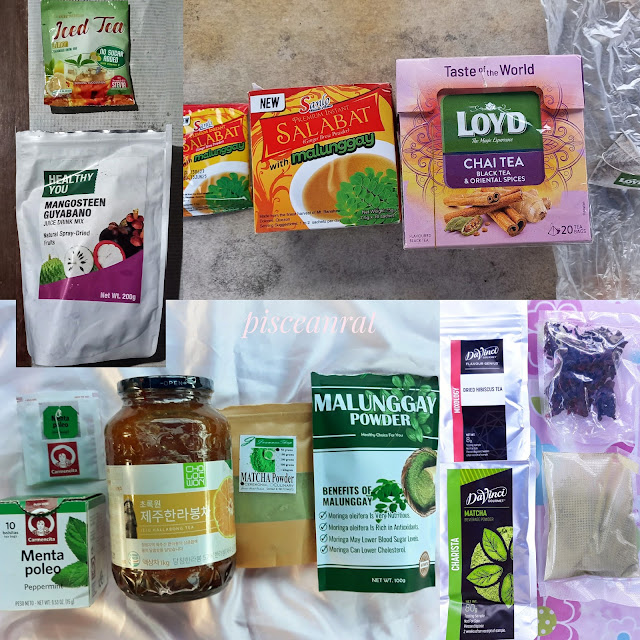 Glorious Iced Tea Lemon; Healthy You Mangosteen Guyabano Juice Tea Mix; Sanlo Salabat (Ginger Brew Powder) with Malunggay;  LOYD The Magic Experience Chai Tea (Black Tea & Oriental Spices); Carmencita Peppermint; Cholocwon Jeju Hallabong Tea; Joannes Shop Matcha Ceremonial and Malunggay Powder; DaVinci Dried Hibiscus Tea and Matcha Beverage Powder.