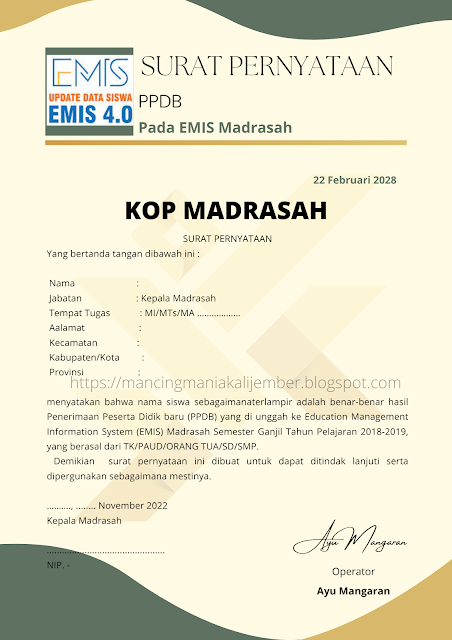 Contoh Surat Pernyataan PPDB Pada EMIS Madrasah