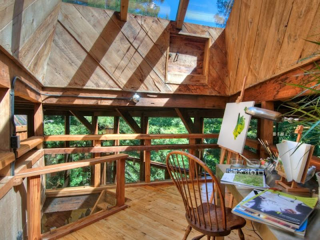 Photo of small studio inside of tree house in the forest
