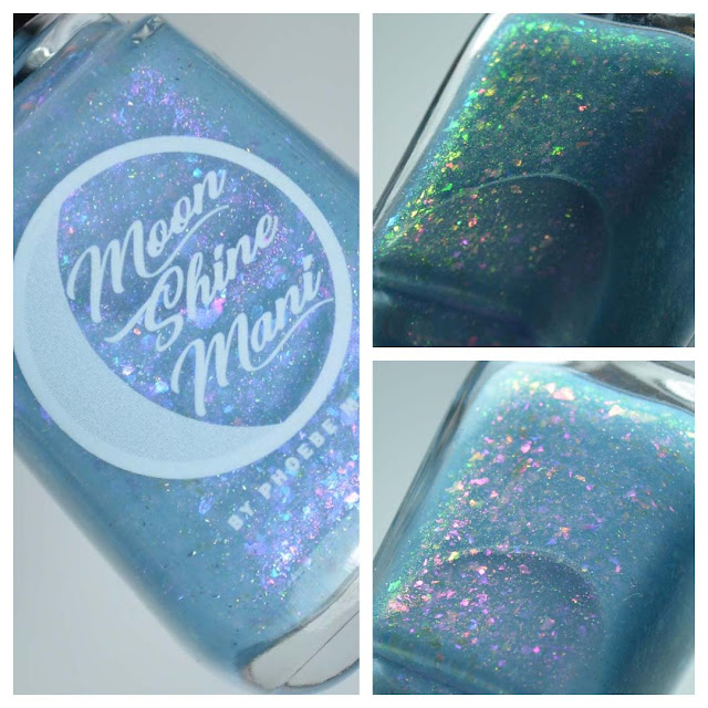 blue nail polish with flakies in a bottle