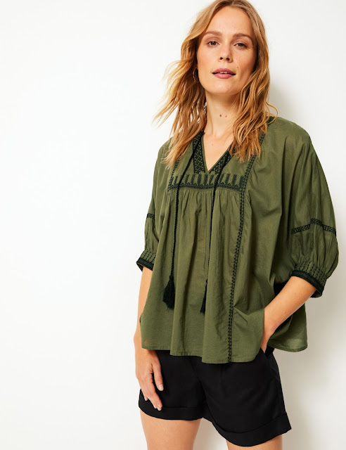 marks and spencer pure cotton embroidered ¾ sleeve blouse