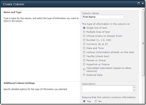 Create Column Dialog