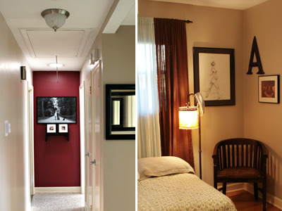 red hall wall and guest bedroom art