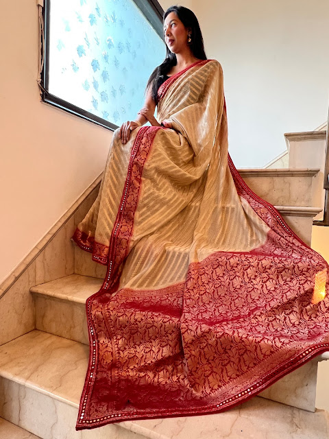 Chanderi saree with delicate mirror work on border and pallu