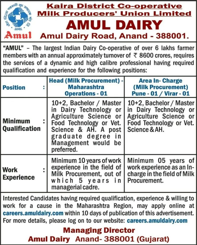 Amul Dairy Recruitment 2021 Apply online