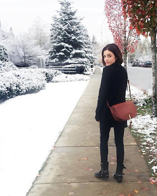 Lucy Hale wearing Vera Bradley Saddle Bag in Vancouver, British Columbia, Canada on a snowy day