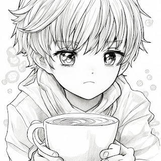 boy drinks coffee and dreams coloring page