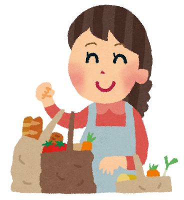 買い物のイラスト「野菜とパンを買う主婦」