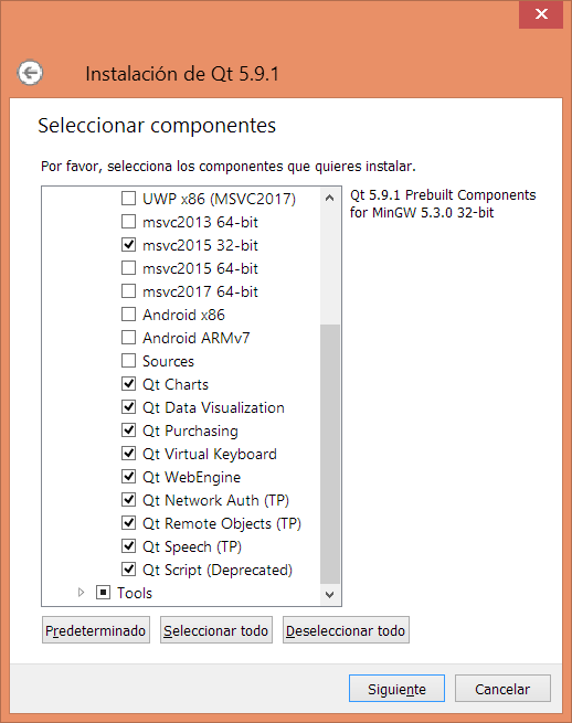 Instalar componentes Qt