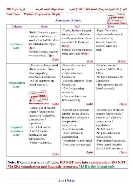 تصحيح موضوع اختبار اللغة الانجليزية لشهادة التعليم المتوسط 2016