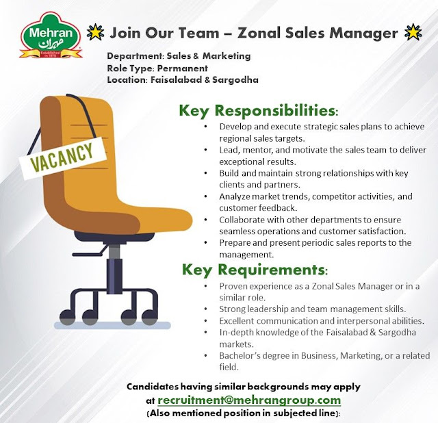 Mehran Group Latest Jobs in Faisalabad/Sargodha Zonal Sales Manager 2024