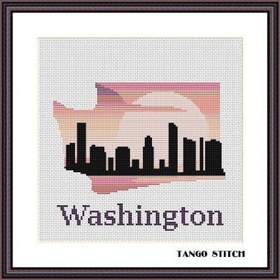 Washington USA state map skyline sunset cross stitch pattern