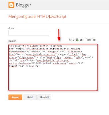 Cara memasang widget jadwal sholat di blogger.com (2)