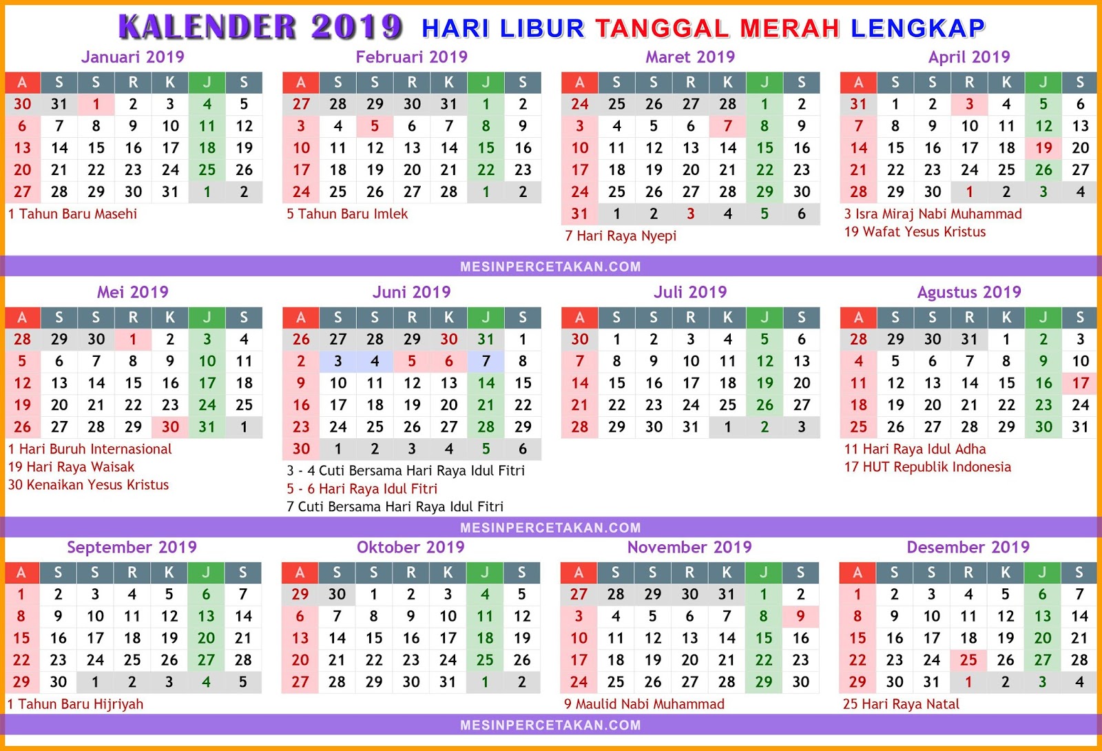 Kalender 2019 Lengkap TANGGAL MERAH > hargamesin