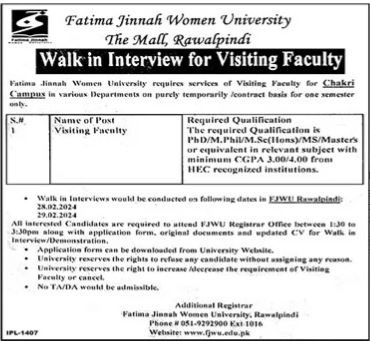 Fatima Jinnah Women University Rawalpindi Jobs Interview - techznet