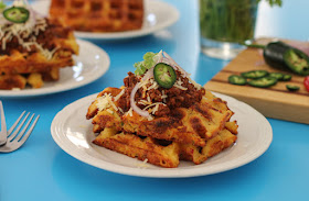 Food Lust People Love: Mexican cornbread waffles are super cheesy and spicy, the perfect breakfast or dinner any day of the week. Cooking the batter in a waffle iron gives it the most wonderful golden crunchy exterior.