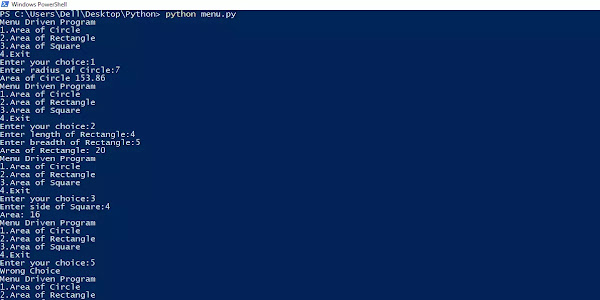Menu driven Program in Python using while loop