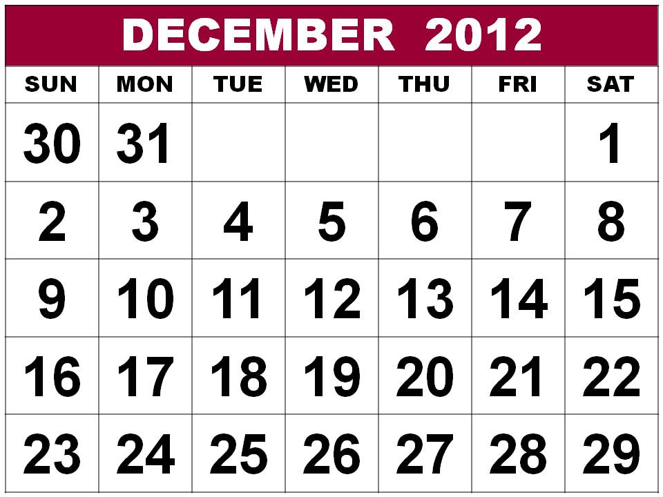 december 2012 calendar. Printable December 2012