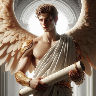 El Arcángel Raziel en un templo celestial, viste una túnica blanca con detalles en oro, sus grandes alas están desplegadas y en sus manos porta un pergamino enrollado.