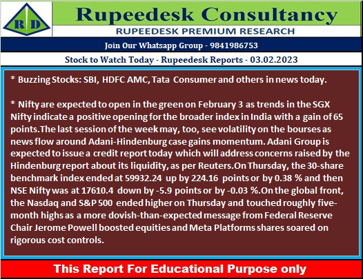 Stock to Watch Today - Rupeedesk Reports - 03.02.2023