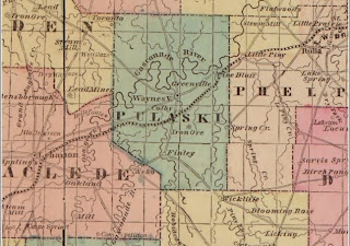 1861 Lloyd's Map showing the proposed original route of what would later be the St. Louis San Francisco Railroad line through Pulaski County, Missouri.