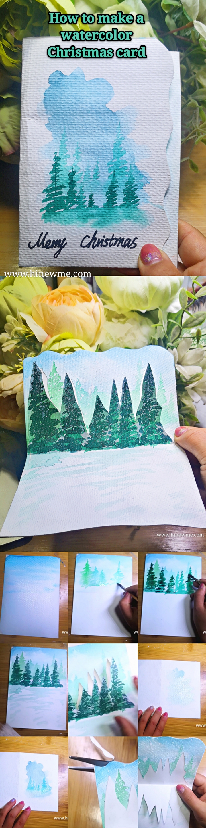 How to make a Christmas watercolor card step by step