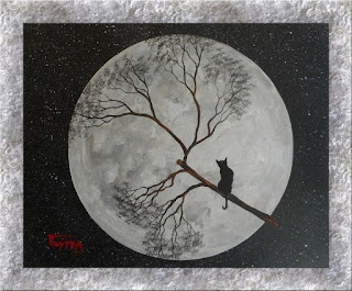  Cat on the Full Moon - Original Acrylic Painting on Canvas Panel - 24X30cm