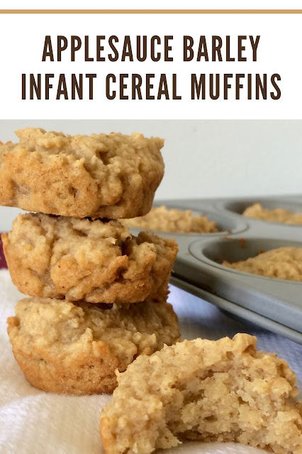 Baked applesauce barley infant cereal mini muffins in a tin and some on a cloth.