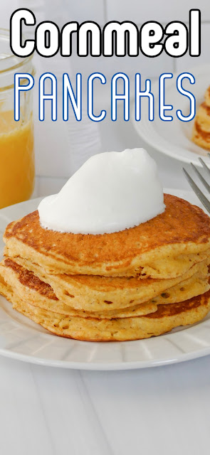 close up of pancakes on a white plate with recipe title text overlay.