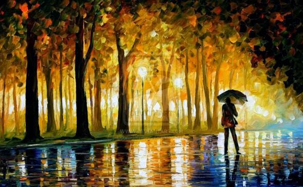 Leonid Afremov pinturas a óleo impressionista chuva outono noite cidade