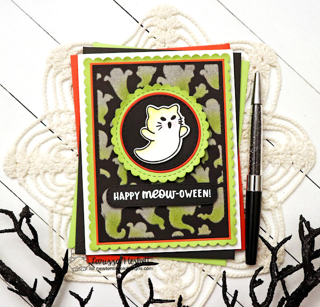 Cat Ghost Card by Larissa Heskett | Ghostly Good Times Stamp Set, Ghosts Stencil, Frames and Flags Die Set, Banner Trio Die Set and Circle Frames Die Set by Newton's Nook Designs