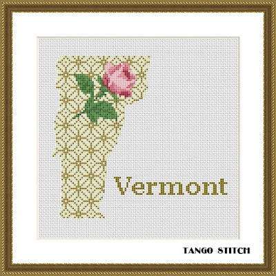 Vermont USA state map flower ornament cross stitch pattern, Tango Stitch