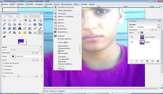 Menu colorizar - Mudar cor da roupa no GIMP