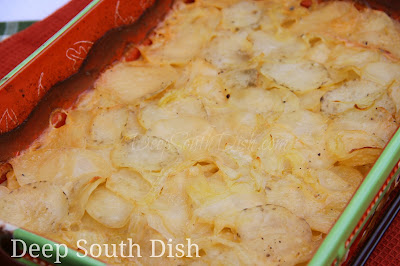 Thin slices of seasoned potatoes, layered with onion and baked in a buttery milk sauce.