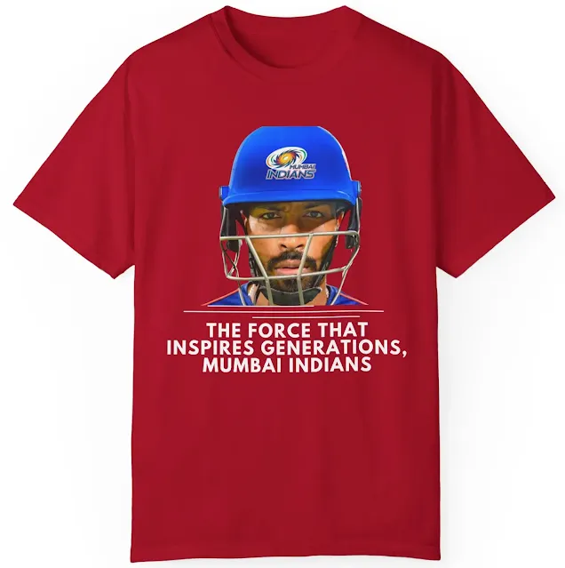 Garment Dyed Mumbai Indians Cricket T-Shirt for Men and Women With Hardik Pandya's Close Up Face Wearing Helmet and Slogan The Force that Inspires Generations, Mumbai Indians