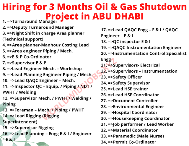Hiring for 3 Months Oil & Gas Shutdown Project in ABU DHABI