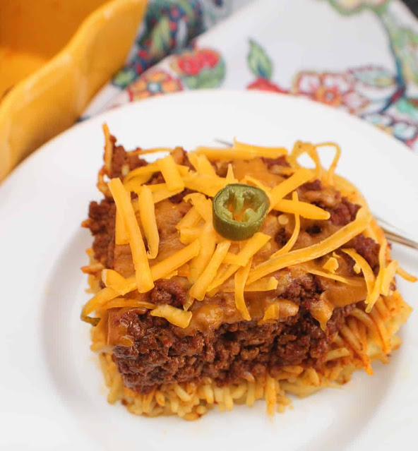 Leftover Chili Spaghetti Pie....like a baked spaghetti but with a chili middle layer!