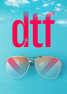 graphic art poster, blue sky sunglasses and DTF with an aeroplane shape cut out of the D