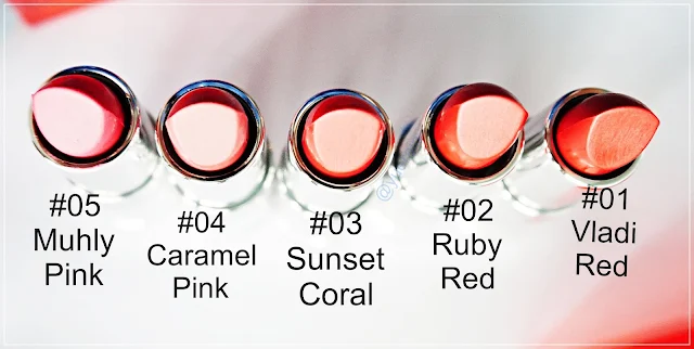 Eyenlip Matt lipstick in #1Vladi Red (dark red), #2 Ruby Red (Cherry Red), #3 Sunset Coral, #4 Caramel Pink, #5 Muhly Pink