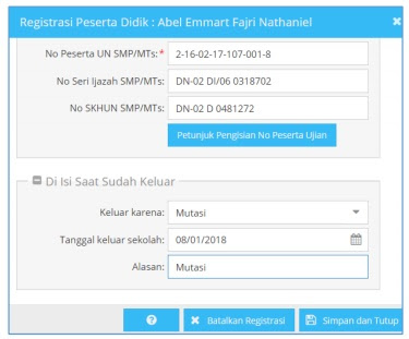 Pengisian registrasi keluar/mutasi