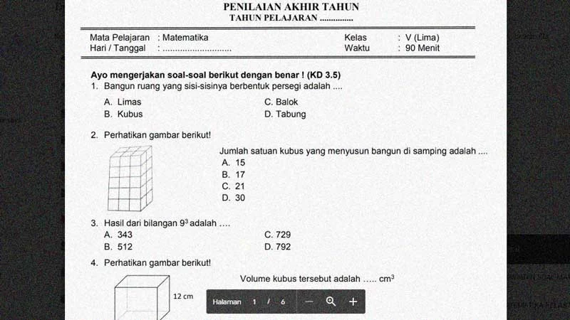 Soal Penilaian Semester 2 Matematika Kelas 5 dan Kunci Jawabannya