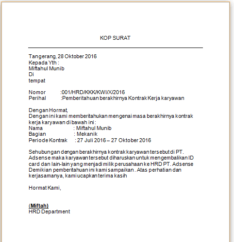 Contoh Surat Pemberitahuan Berakhirnya Kontrak Kerja Bloggadogado